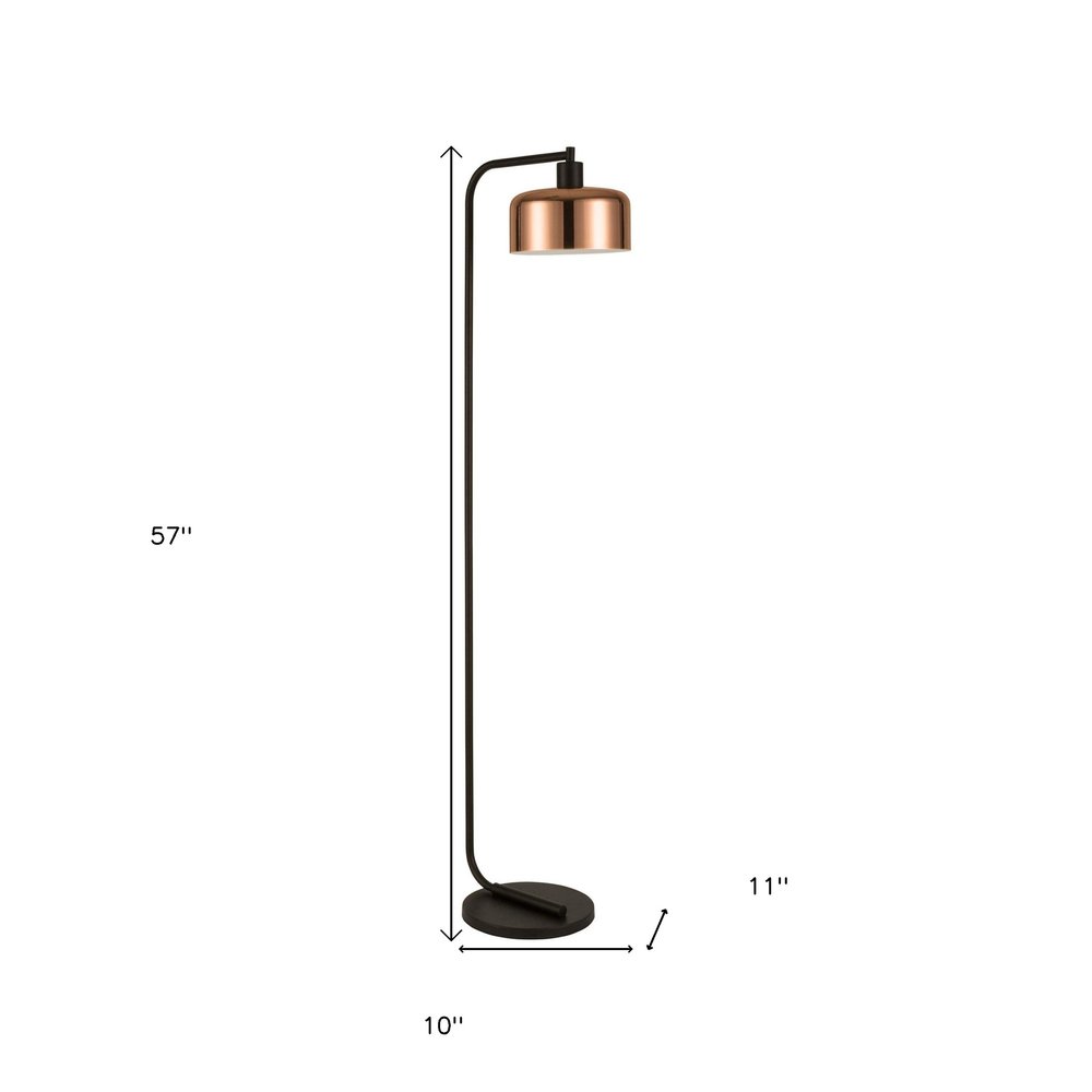 57" Black Arched Floor Lamp With Copper Metal Bell Shade