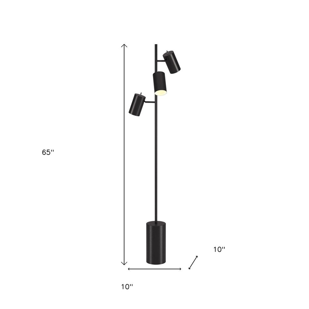 65" Black Three Light Tree Floor Lamp With Black Metal Drum Shade