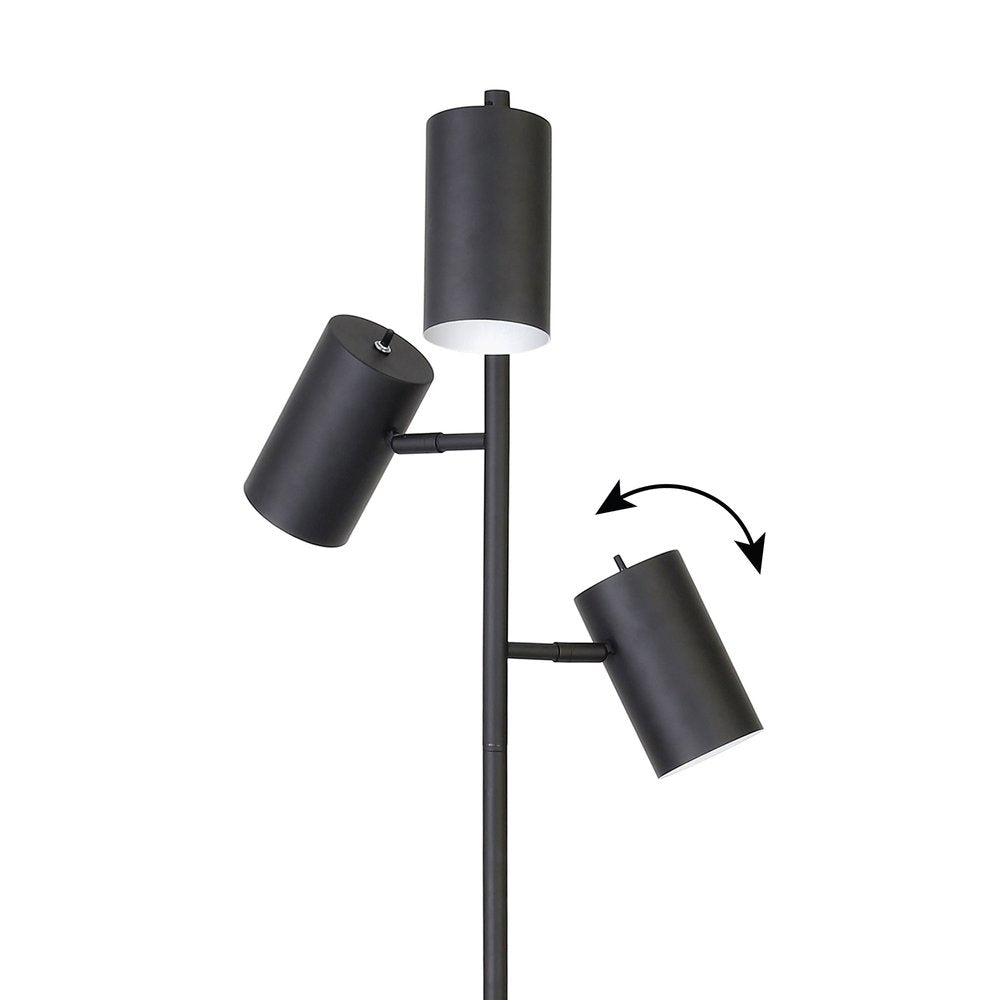 65" Black Three Light Tree Floor Lamp With Black Metal Drum Shade