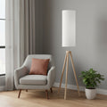 58" Natural Wood Look Tripod Floor Lamp With White Shade