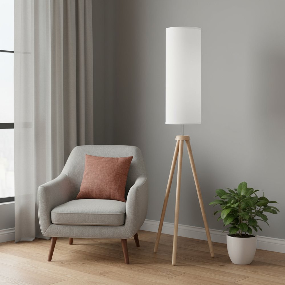 58" Natural Wood Look Tripod Floor Lamp With White Shade