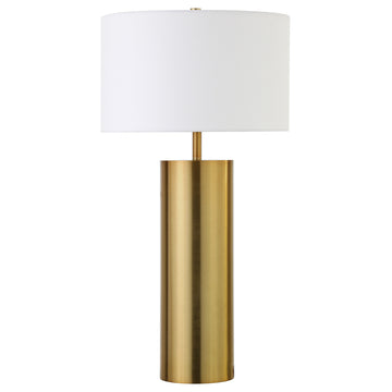 30" Brass Metal Table Lamp With White Drum Shade