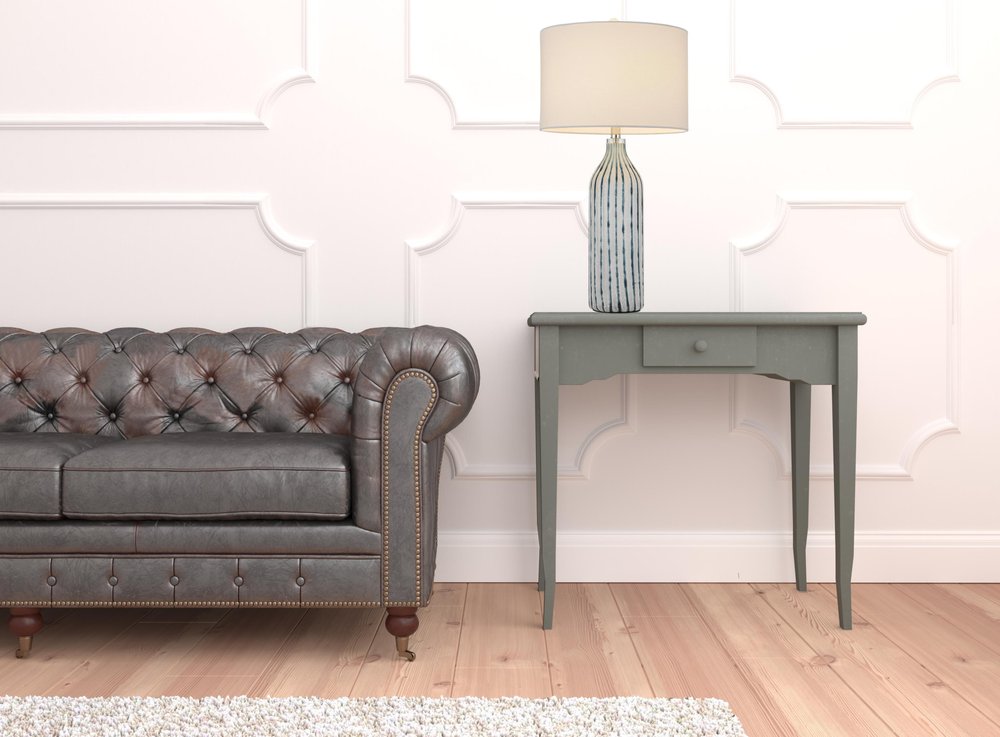 30" Gray And Aqua Glass Table Lamp With White Drum Shade