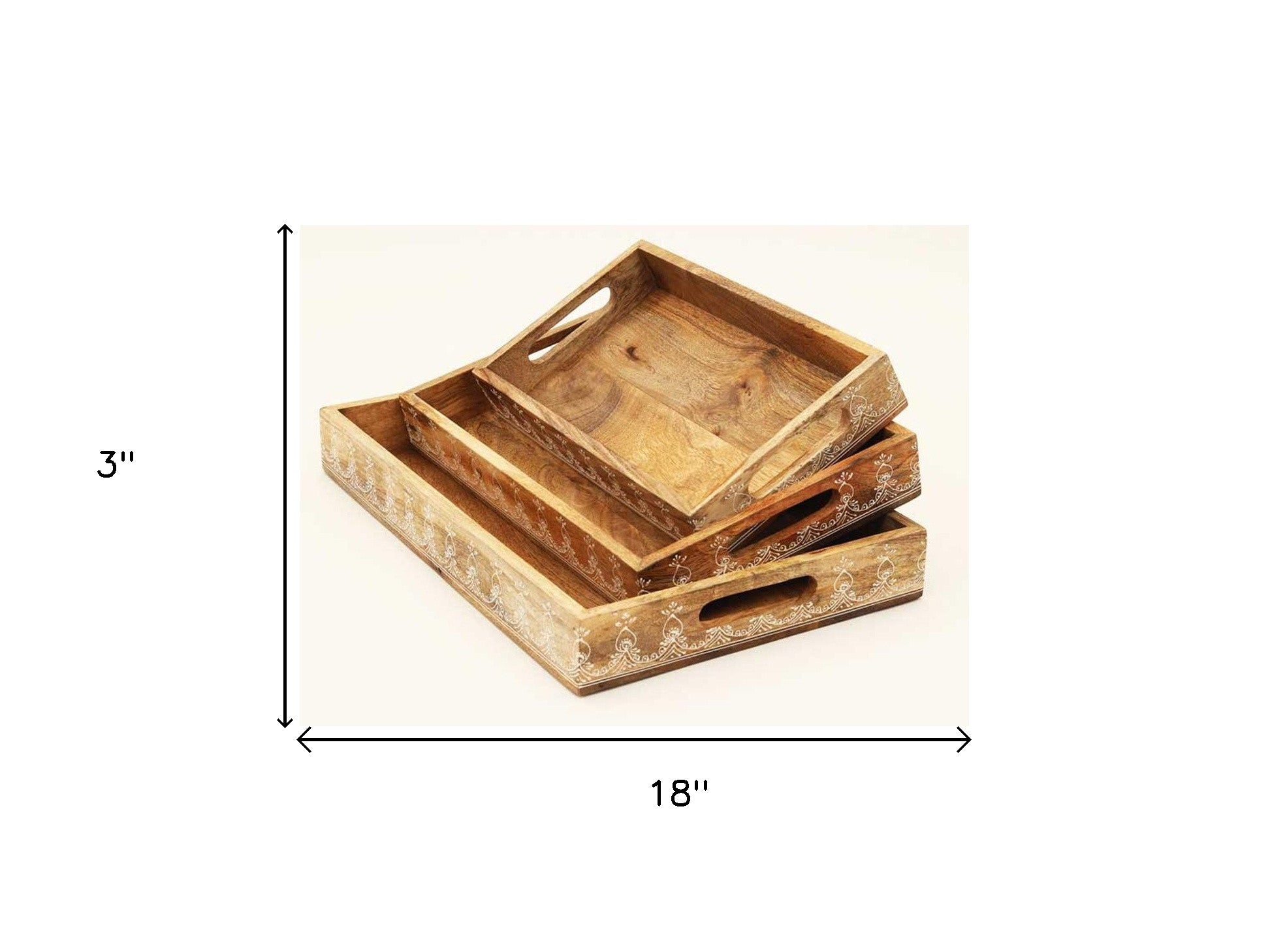 Set of Three Natural Rectangular Solid Wood Floral Handmade Serving Tray With Handles