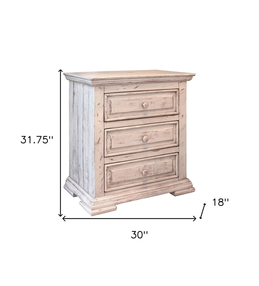 32" White Solid Wood Three Drawer Nightstand