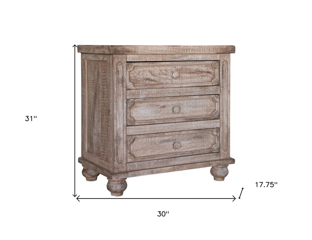 31" Brown Solid Wood Three Drawer Nightstand