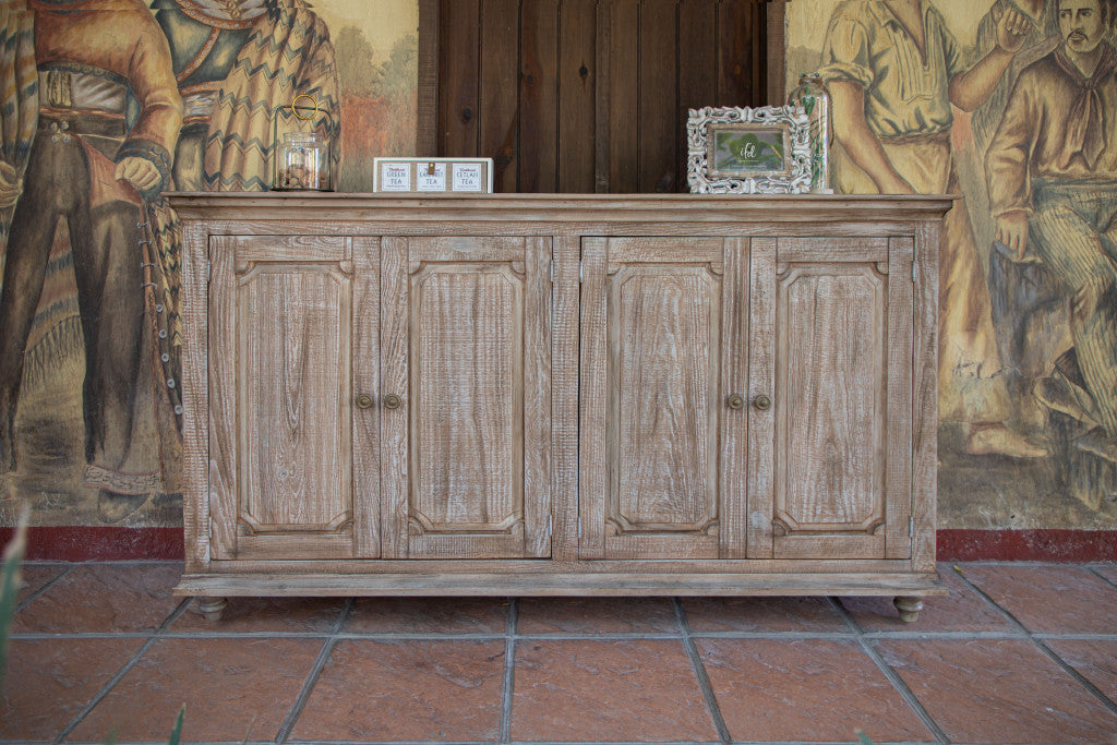 71" Sand Solid and Manufactured Wood Distressed Credenza