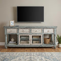 70" Blue and White Solid Wood Open shelving Distressed TV Stand