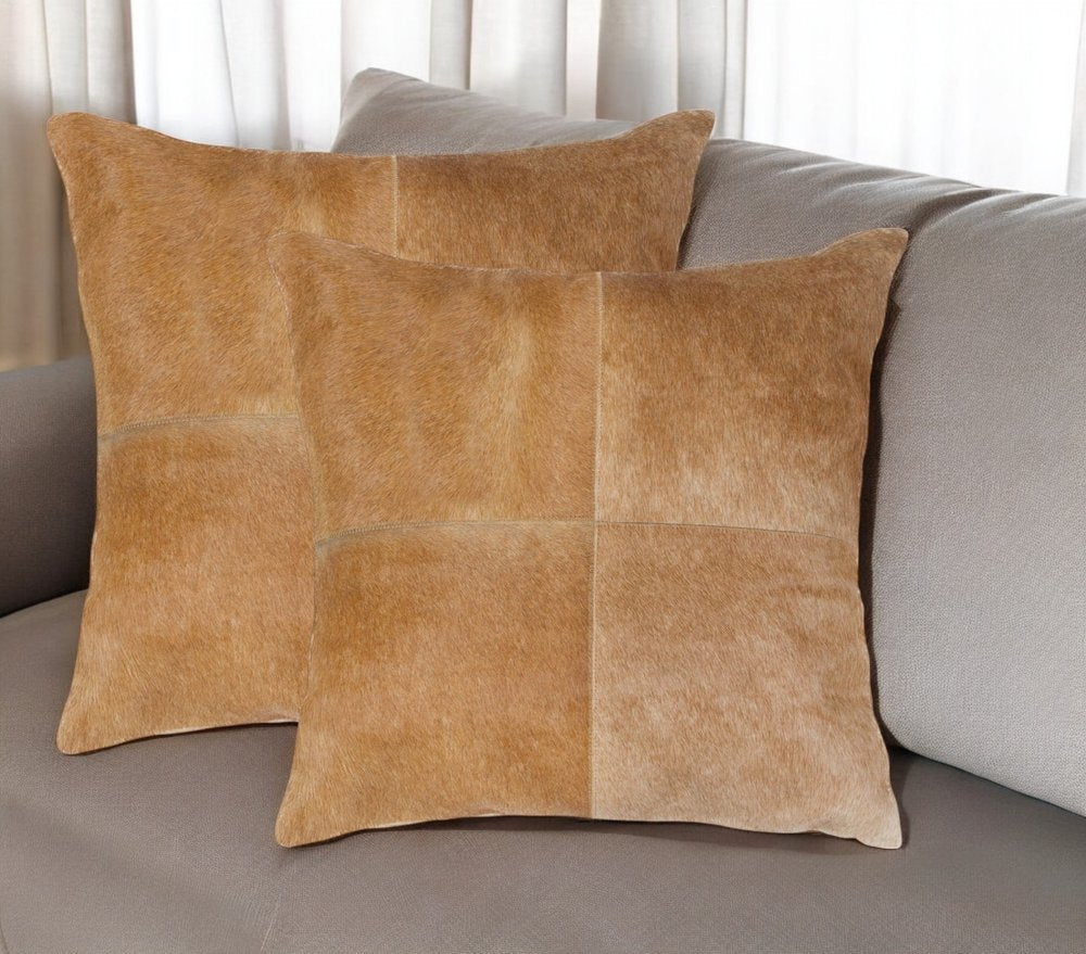 Set of Two 18" Tan Cowhide Throw Pillows