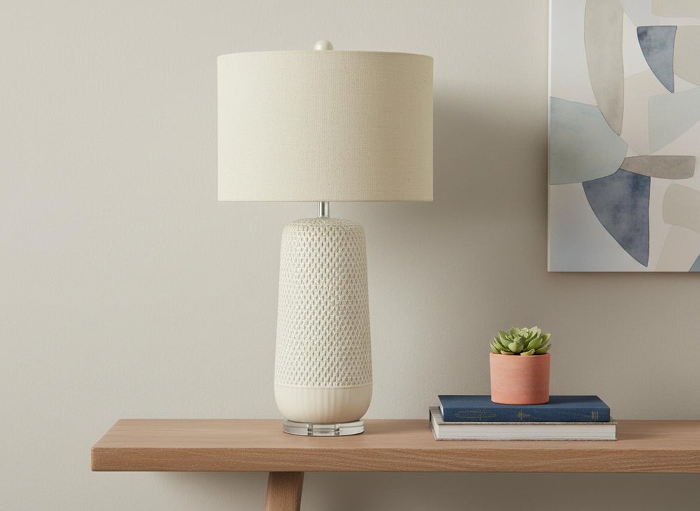 31" Cream Ceramic Geometric Table Lamp With Beige Drum Shade