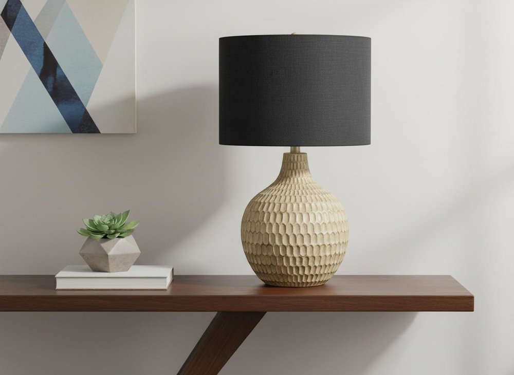 25" Brown Geometric Table Lamp With Black Drum Shade