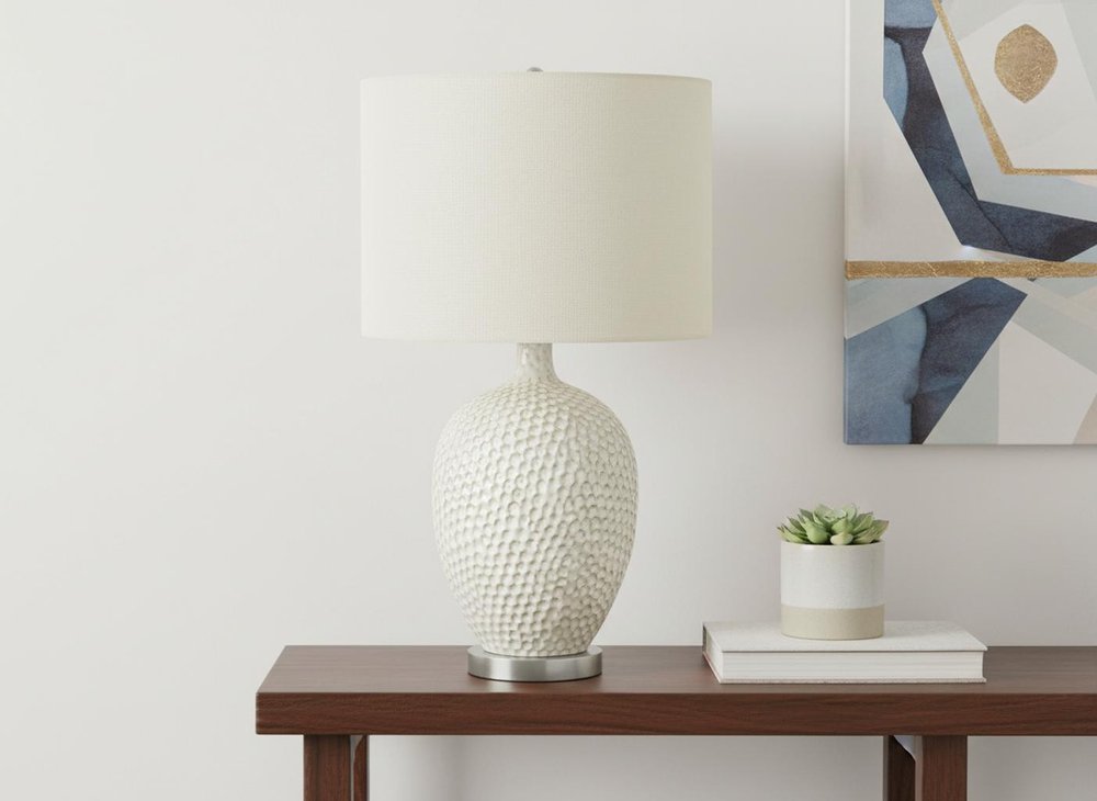 28" White and Silver Ceramic Round Table Lamp With Cream Drum Shade