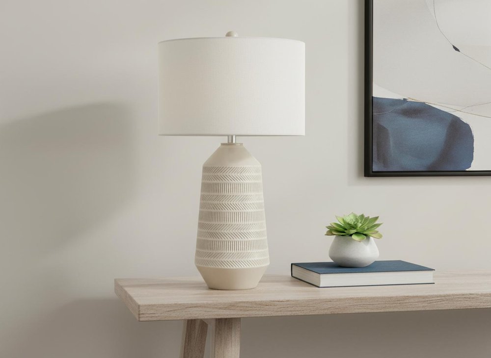 33" Ivory Ceramic Geometric Table Lamp With Cream Drum Shade