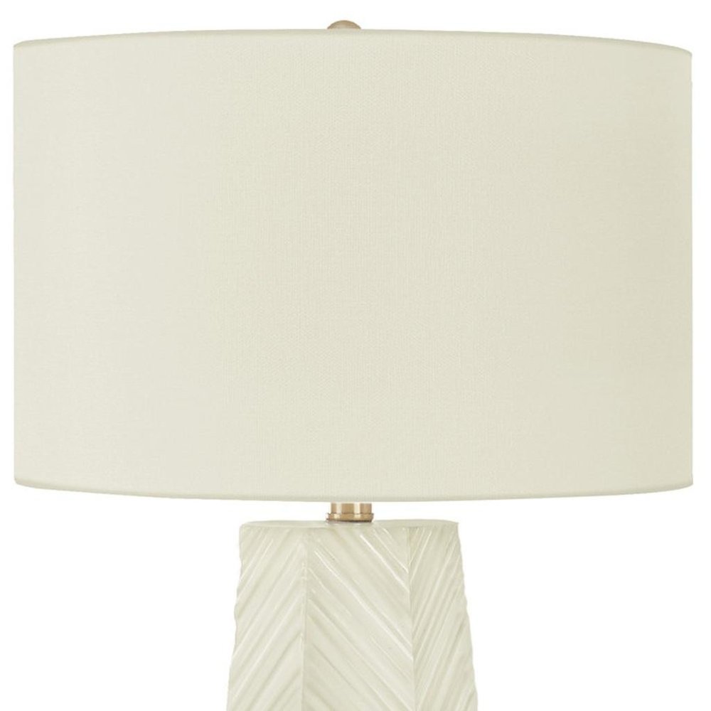 29" White Ceramic Geometric Table Lamp With Ivory Drum Shade