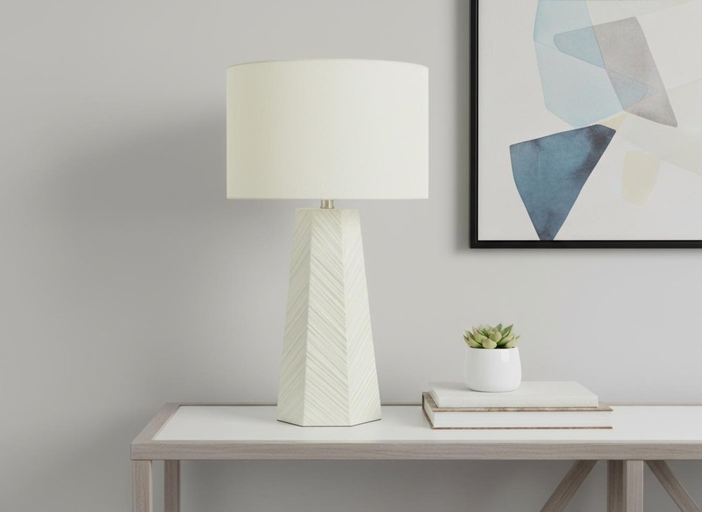 29" White Ceramic Geometric Table Lamp With Ivory Drum Shade