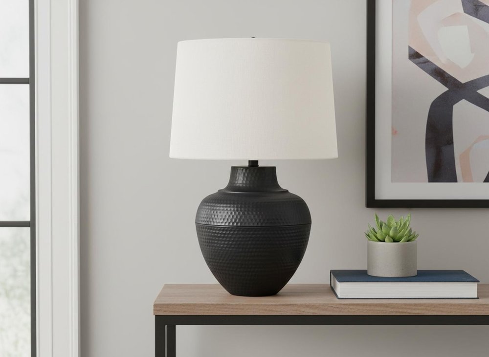 26" Black Metal Urn Table Lamp With Cream Empire Shade