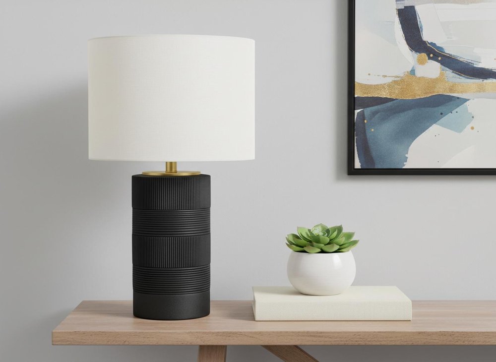 24" Black Cylinder Table Lamp With Ivory Drum Shade