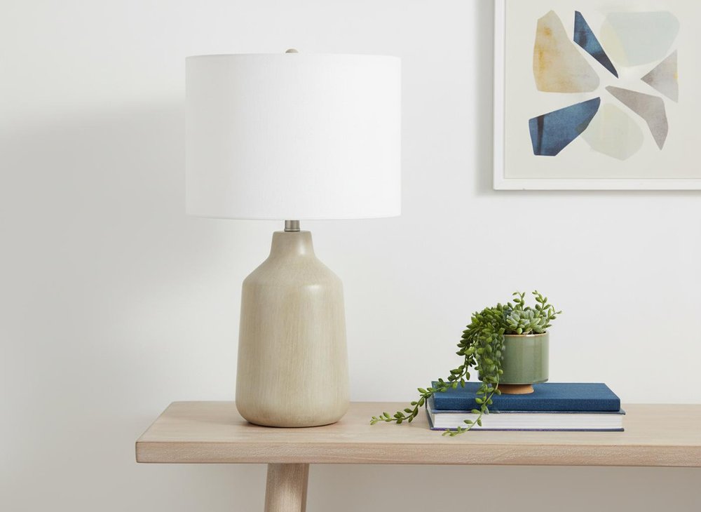 24" Beige Concrete Urn Table Lamp With Ivory Drum Shade