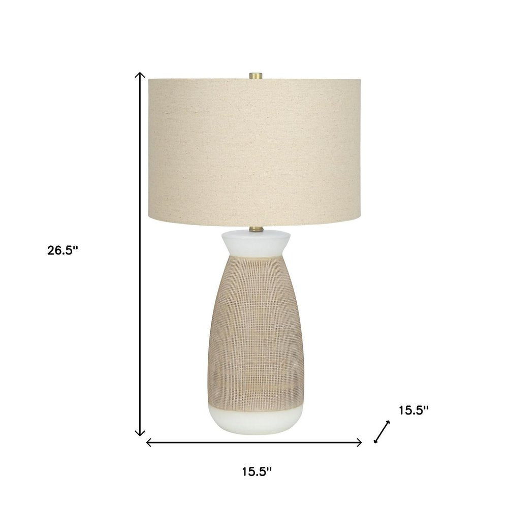 27" Brown and White Ceramic Round Table Lamp With Beige Drum Shade