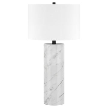 30" White Marble Cylinder Table Lamp With White Drum Shade