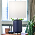 15" Blue and Silver Ceramic Cylinder Table Lamp With White Drum Shade