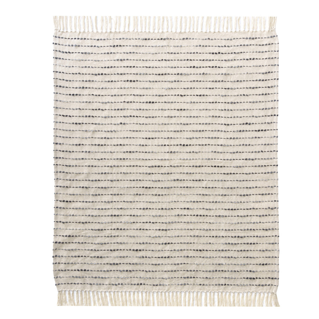 50" X 60" White And Brown Cotton Blend Woven Striped Throw Blanket with Fringe