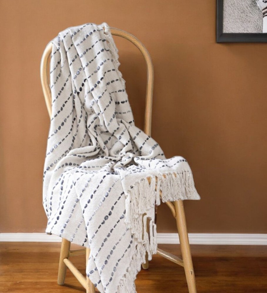 50" X 60" White And Brown Cotton Blend Woven Striped Throw Blanket with Fringe