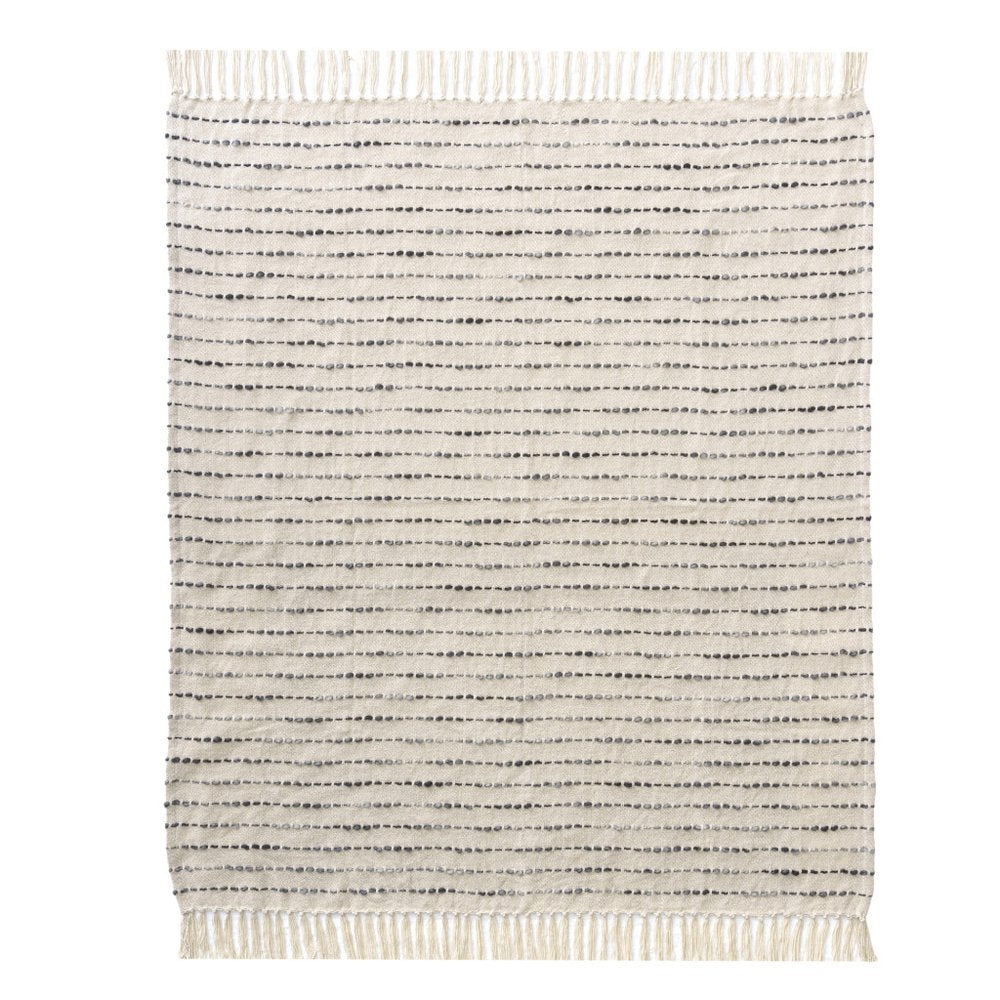 50" X 60" White And Navy Blue Cotton Blend Woven Striped Throw Blanket with Fringe