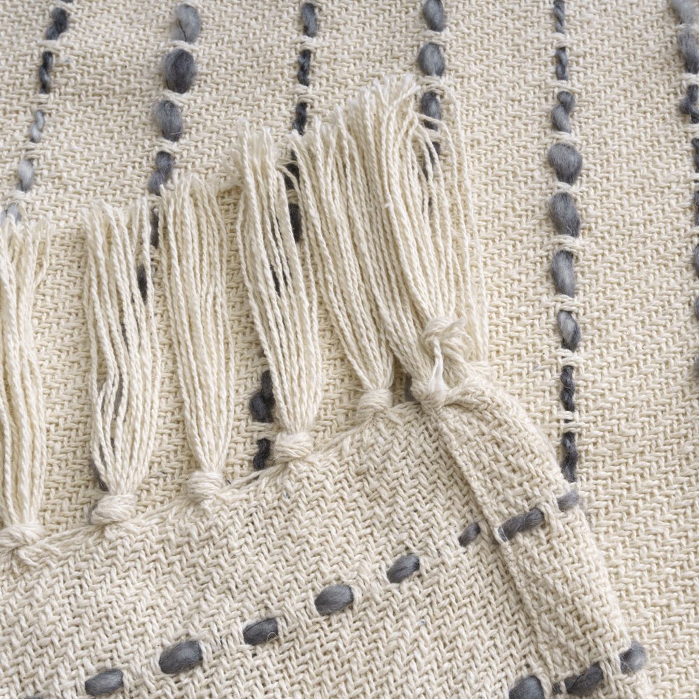 50" X 60" White And Brown Cotton Blend Woven Striped Throw Blanket with Fringe