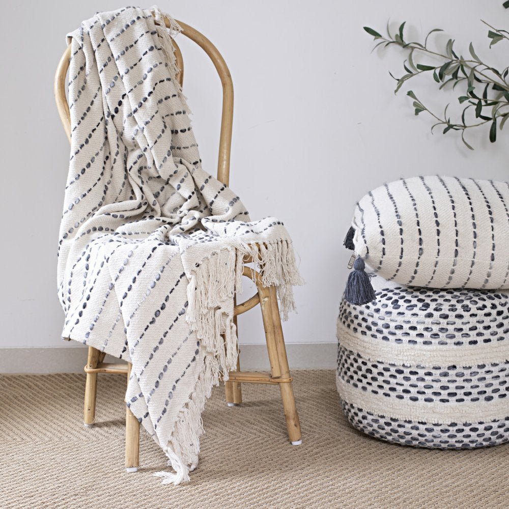 50" X 60" White And Brown Cotton Blend Woven Striped Throw Blanket with Fringe