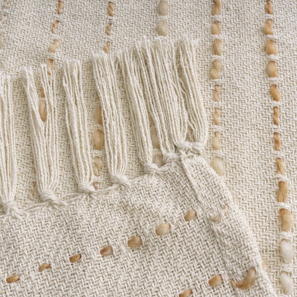 50" X 60" White And Brown Cotton Blend Woven Striped Throw Blanket with Fringe