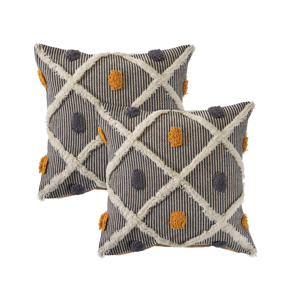 Set of Two Black and Yellow Striped Cotton Throw Pillows With Fringe