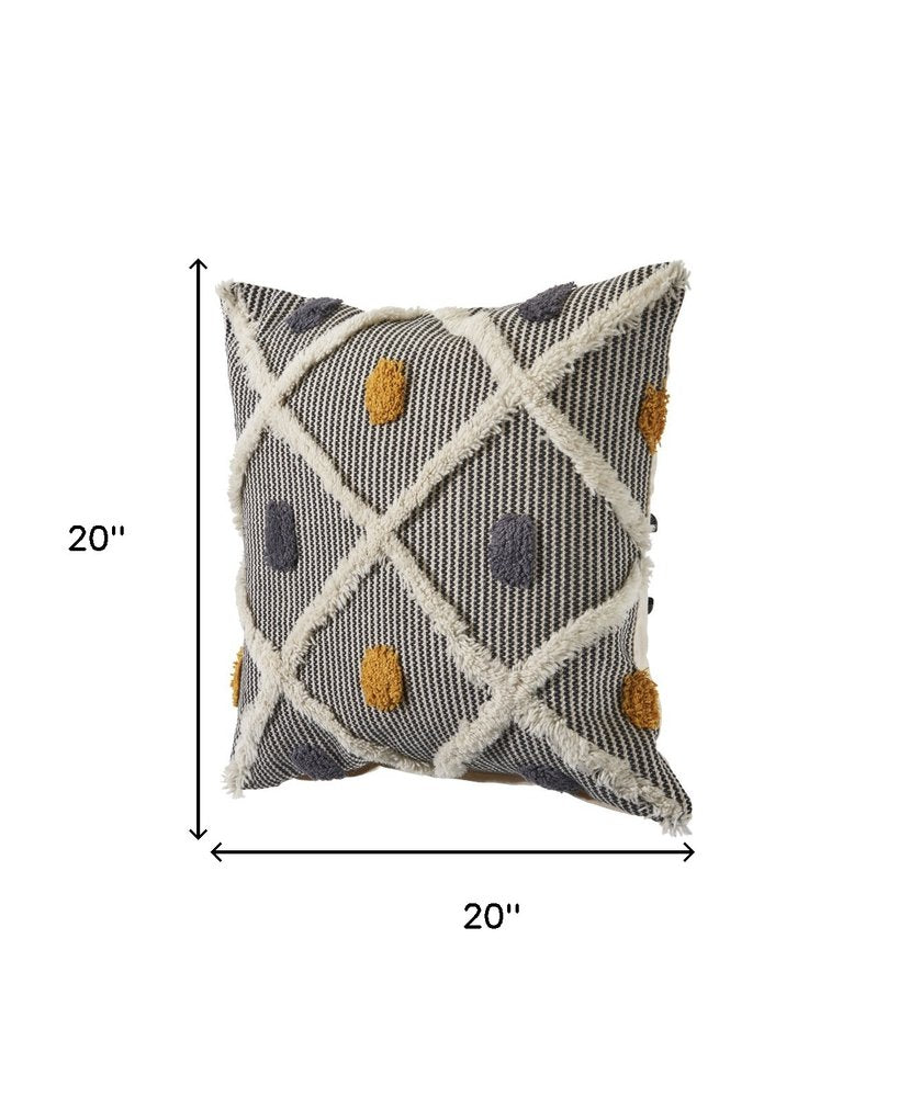 Set of Two Black and Yellow Striped Cotton Throw Pillows With Fringe