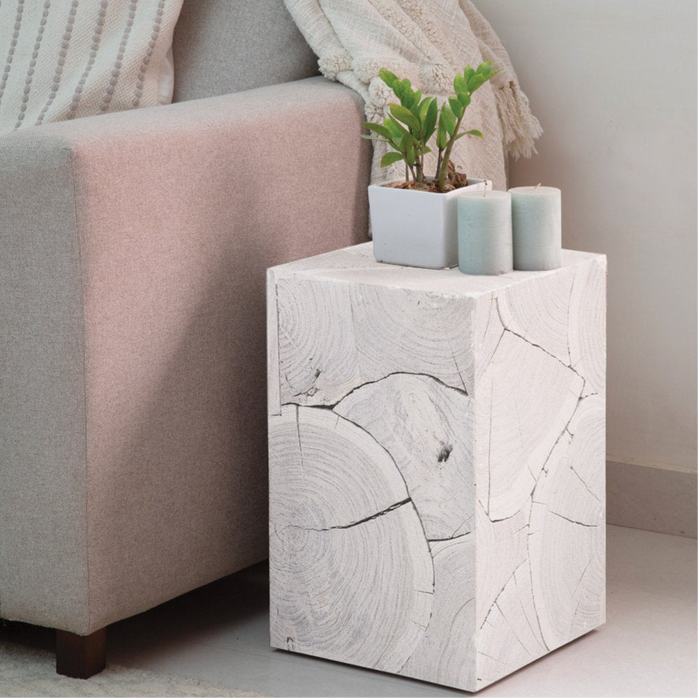 20" Whitewash Solid Wood Block Handmade Square End Table