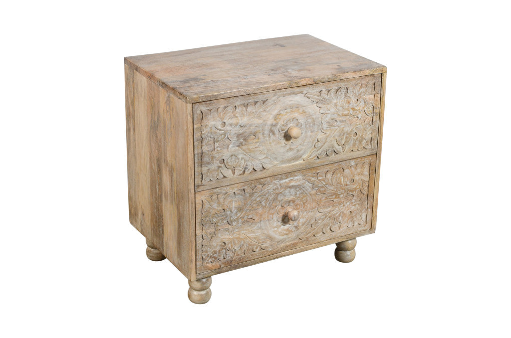 24" Natural Two Drawer Distressed Carved Floral Solid Wood Nightstand