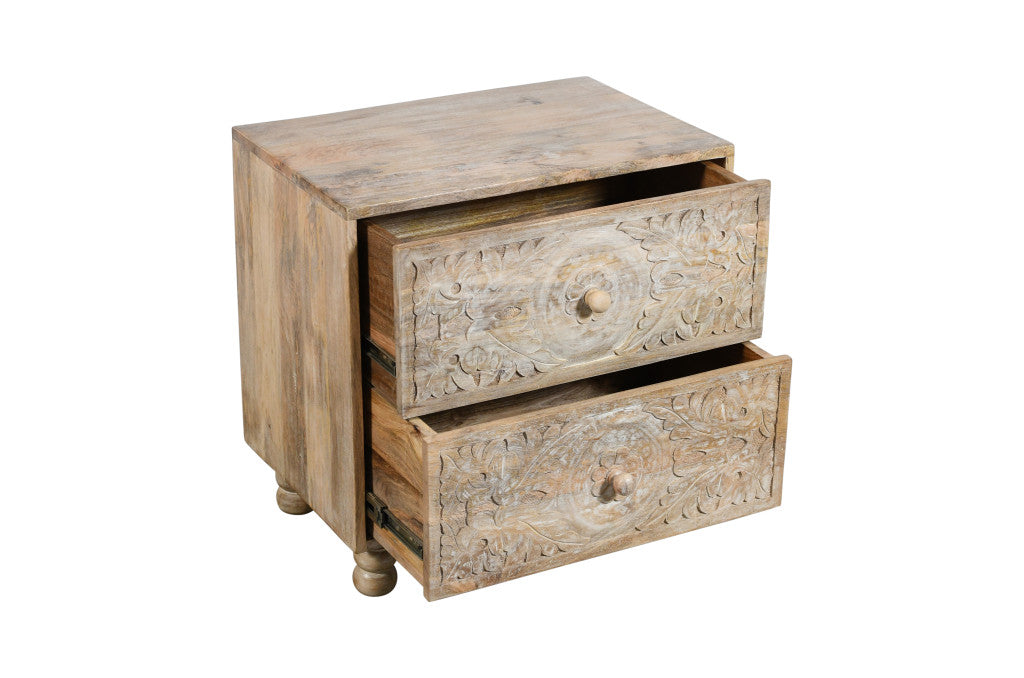 24" Natural Two Drawer Distressed Carved Floral Solid Wood Nightstand