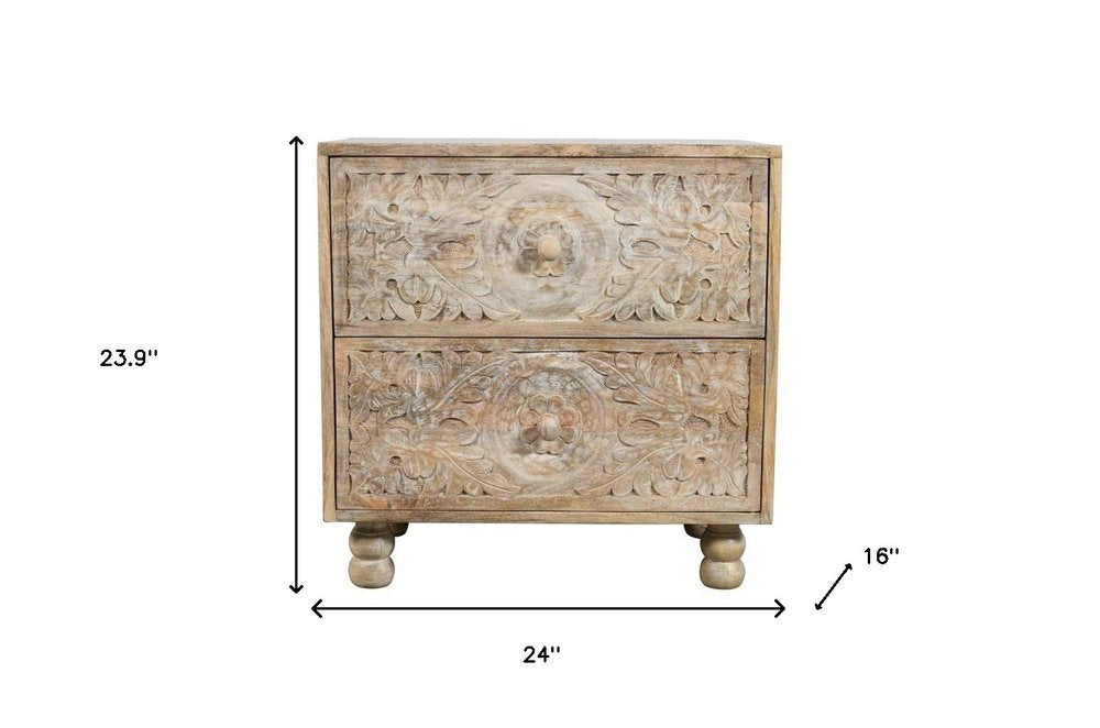 24" Natural Two Drawer Distressed Carved Floral Solid Wood Nightstand