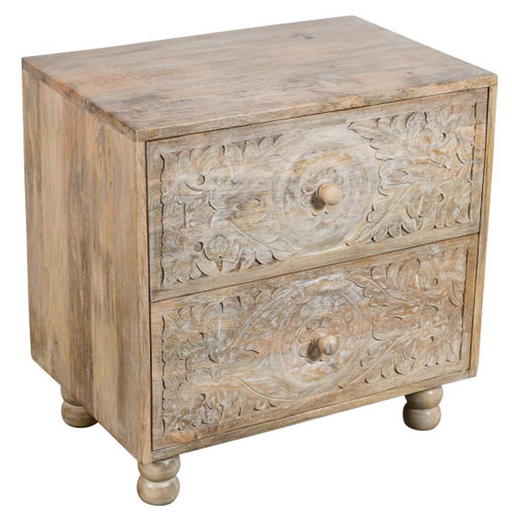 24" Natural Two Drawer Distressed Carved Floral Solid Wood Nightstand