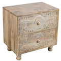 24" Natural Two Drawer Distressed Carved Floral Solid Wood Nightstand