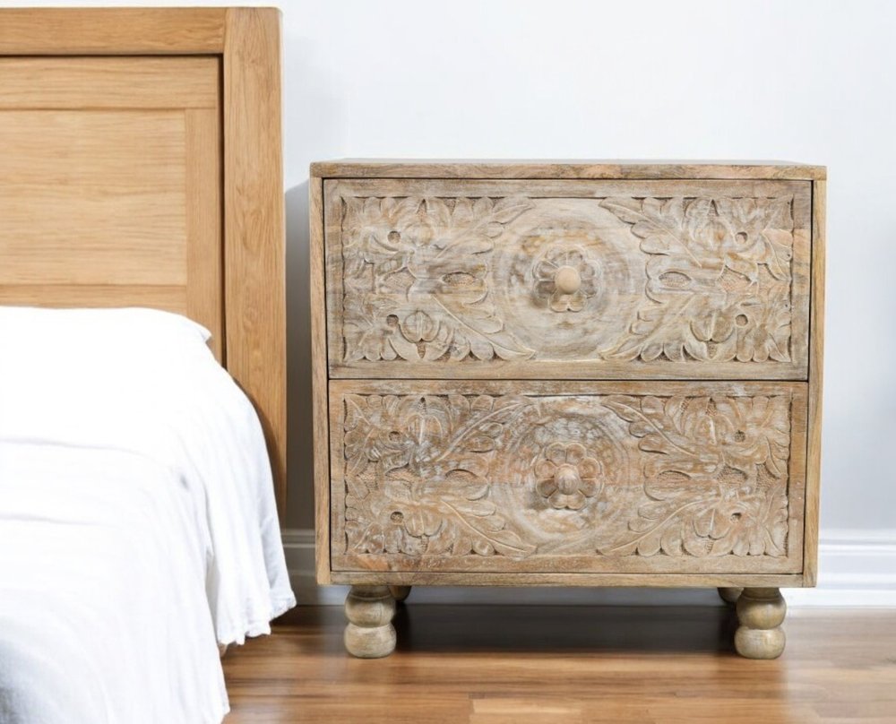 24" Natural Two Drawer Distressed Carved Floral Solid Wood Nightstand