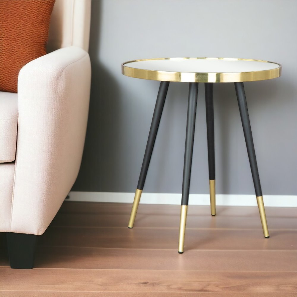 20" Gold and Black Mirrored Glass and Iron Round End Table