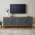 86" Dark Gray Carved Floral Distressed Solid Wood Enclosed Storage TV Stand