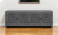 86" Dark Gray Carved Floral Distressed Solid Wood Enclosed Storage TV Stand