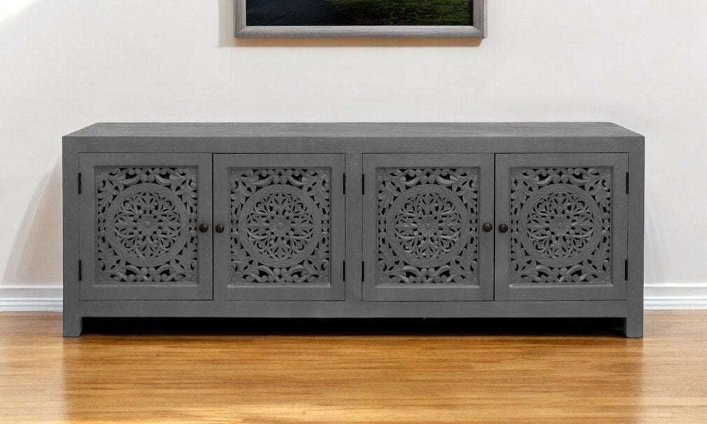 86" Dark Gray Carved Floral Distressed Solid Wood Enclosed Storage TV Stand