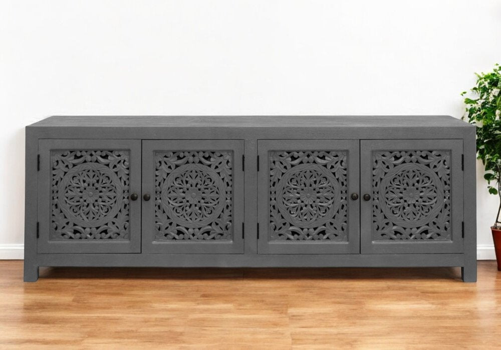86" Dark Gray Carved Floral Distressed Solid Wood Enclosed Storage TV Stand