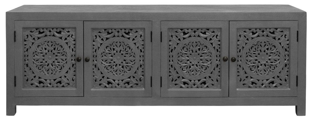 86" Dark Gray Carved Floral Distressed Solid Wood Enclosed Storage TV Stand