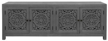 86" Dark Gray Carved Floral Distressed Solid Wood Enclosed Storage TV Stand