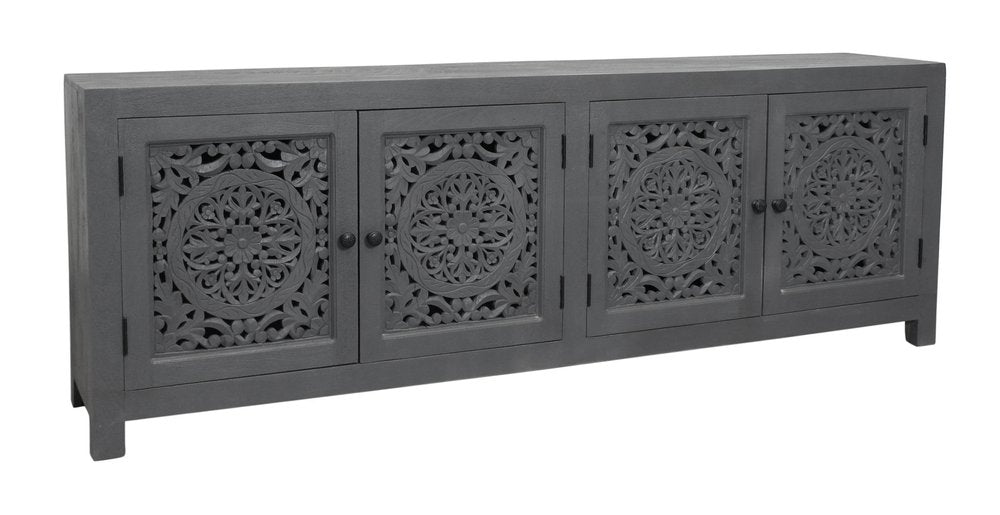 86" Dark Gray Carved Floral Distressed Solid Wood Enclosed Storage TV Stand