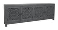 86" Dark Gray Carved Floral Distressed Solid Wood Enclosed Storage TV Stand