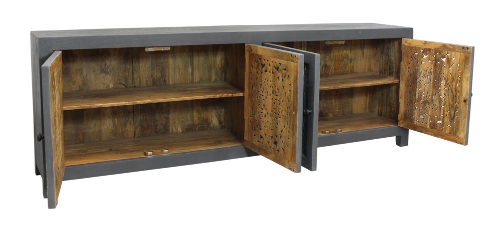 86" Dark Gray Carved Floral Distressed Solid Wood Enclosed Storage TV Stand